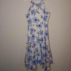 Lulus Zahara Handkerchief Hem Halter Top Floral Midi Dress L in White and Blue